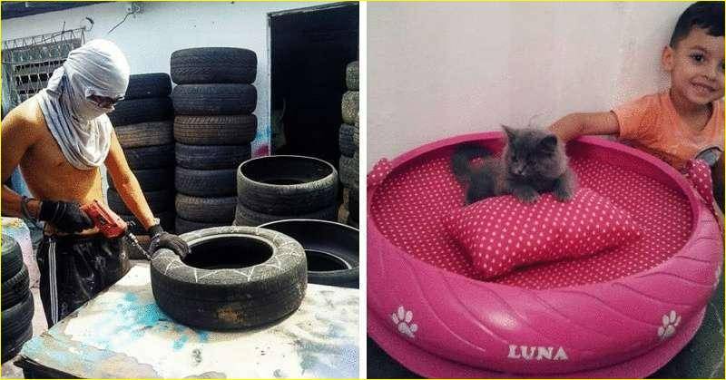 Бразилец подбирает старые грязные шины и делает из них уютные лежанки для домашних животных